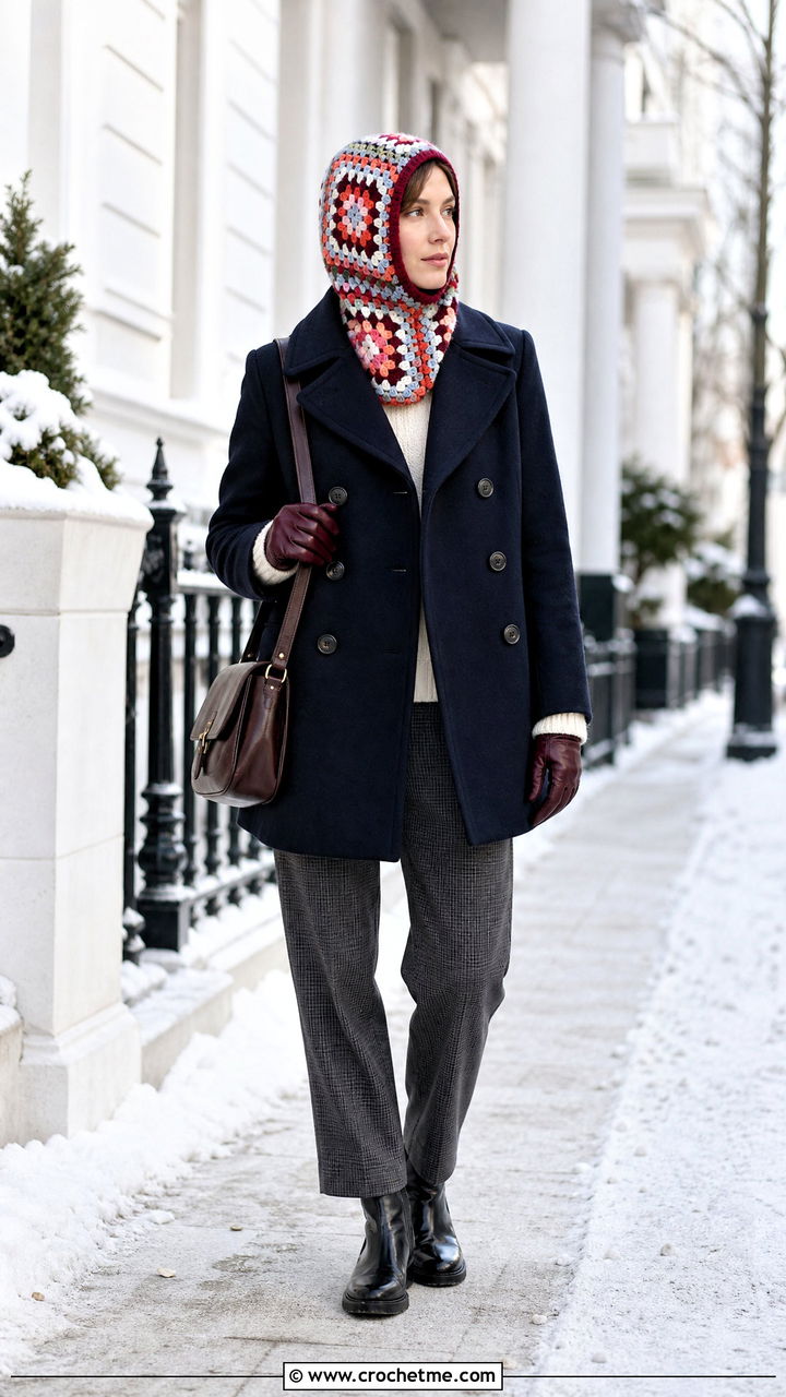 Geometric Granny Square Balaclava With Peacoat - 35 granny square balaclava outfit ideas