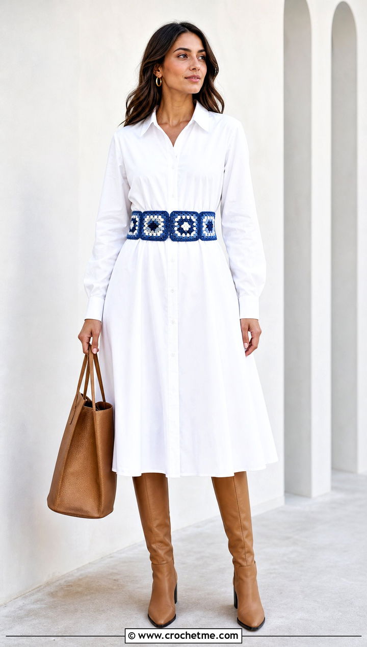Geometric Granny Square Belt With Shirt Dress - 35 Granny Square Outfit ideas