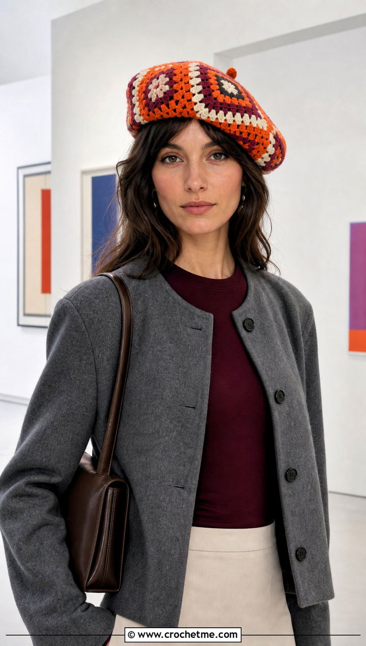 Geometric Granny Square Beret With Minimalist Separates - 25 Granny Square Beret outfit ideas