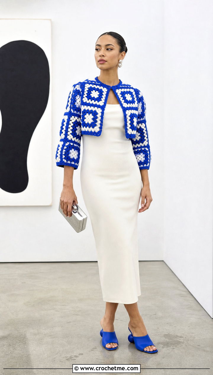 Geometric Granny Square Bolero With Column Dress - 35 granny square bolero outfit ideas
