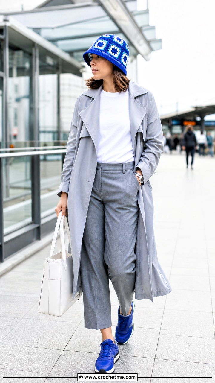 Geometric Granny Square Bucket Hat With Dove Gray Trench Coat - 35 Granny Square Bucket Hat outfit ideas