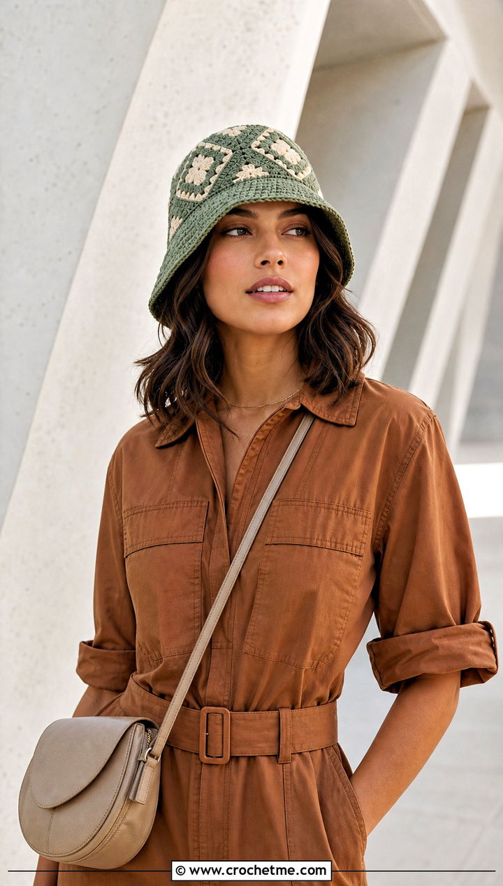 Geometric Granny Square Bucket Hat With Utility Jumpsuit - 25 granny crochet bucket hat outfit ideas