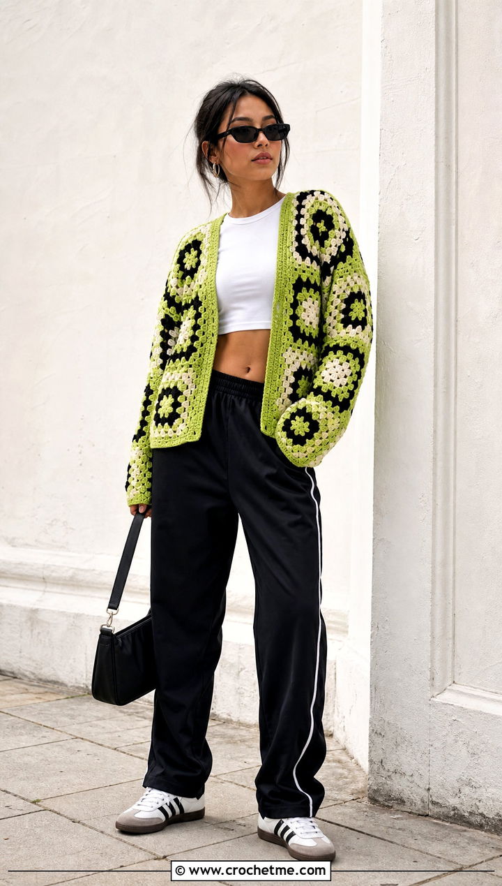 Geometric Granny Square Cardigan With Track Pants - 25 For Granny Square Cardigan outfit ideas