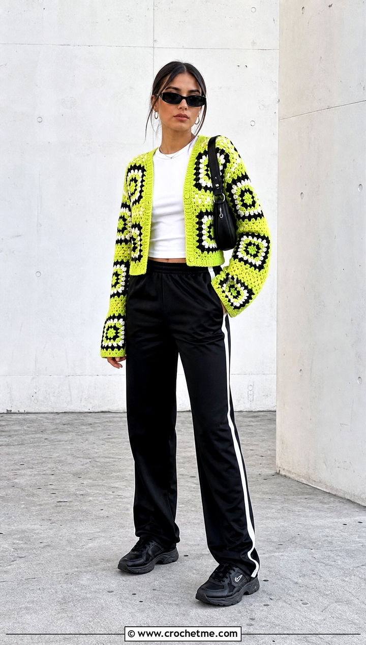 Geometric Granny Square Cardigan With Track Pants - 30 granny squares cardigan outfit ideas