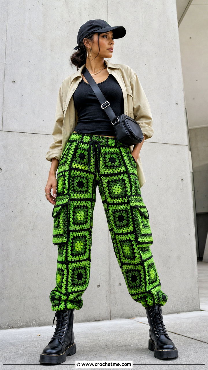 Geometric Granny Square Cargo Pants With Utility Shirt And Combat Boots - 35 crochet granny square pants outfit ideas