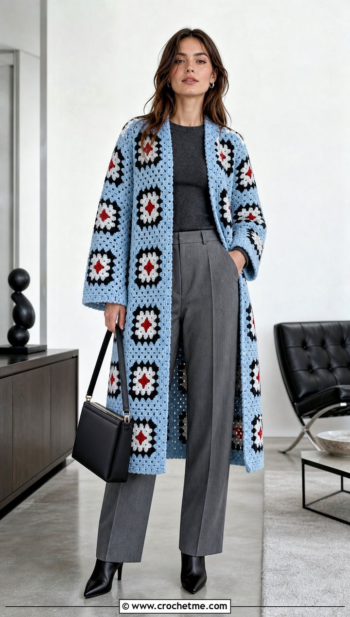 Geometric Granny Square Coat With Pleated Trousers - 30 crochet granny square coat outfit ideas