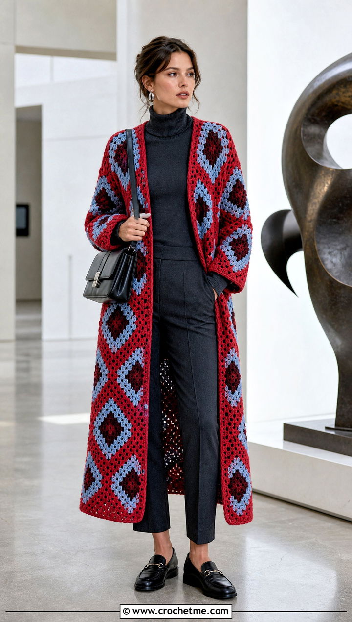 Geometric Granny Square Duster With Turtleneck - 35 granny square duster outfit ideas