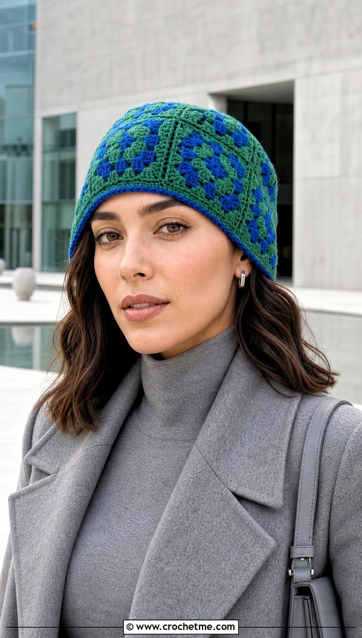 Geometric Granny Square Hat With Monochrome Outfit - 25 Easy Crochet Granny Square Hats outfit ideas