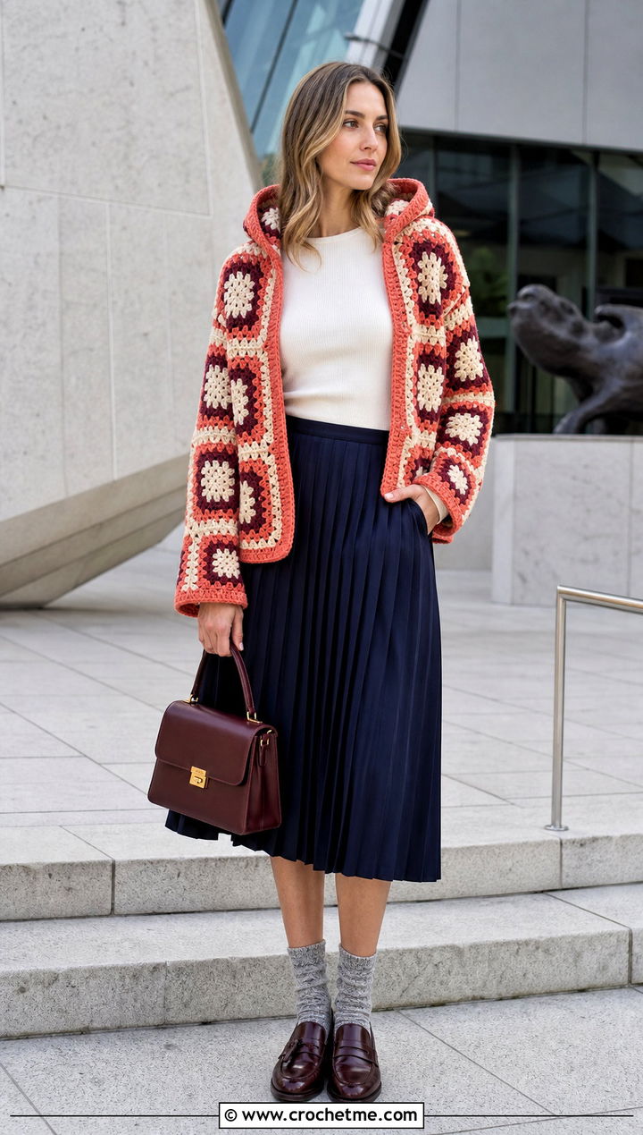 Geometric Granny Square Hooded Jacket With Pleated Skirt - 25 Granny Square Hooded Jacket outfit ideas