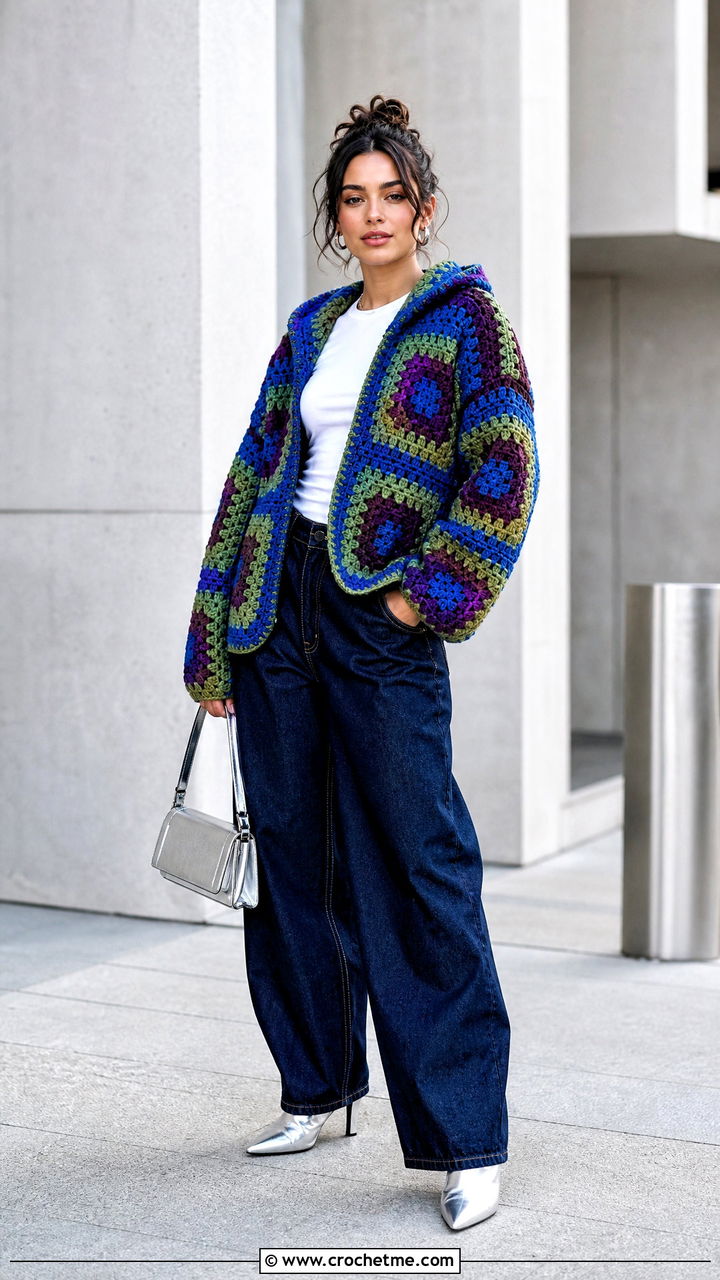 Geometric Granny Square Hoodie With Barrel Jeans - 35 granny square hoodie outfit ideas