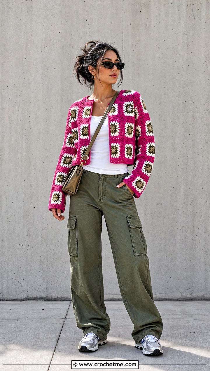 Geometric Granny Square Jacket With Cargo Pants - 35 Granny Square Outfit ideas