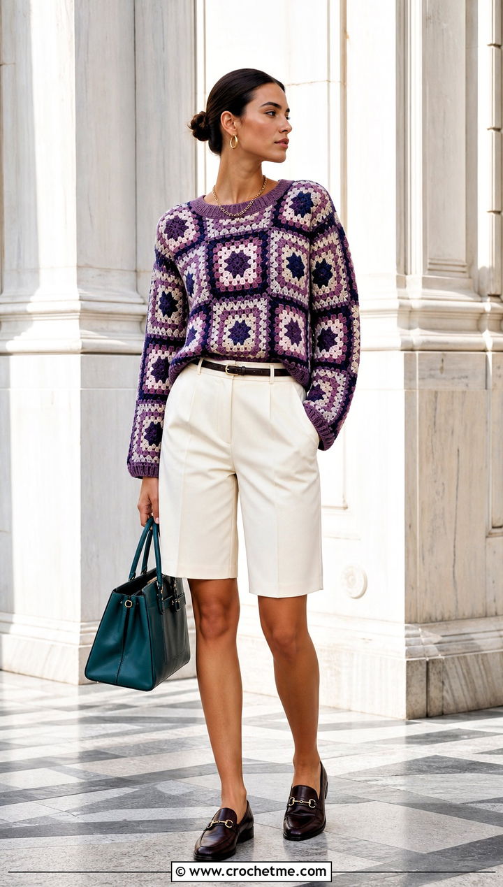 Geometric Granny Square Jumper With Tailored Bermuda Shorts - 35 granny square jumper outfit ideas
