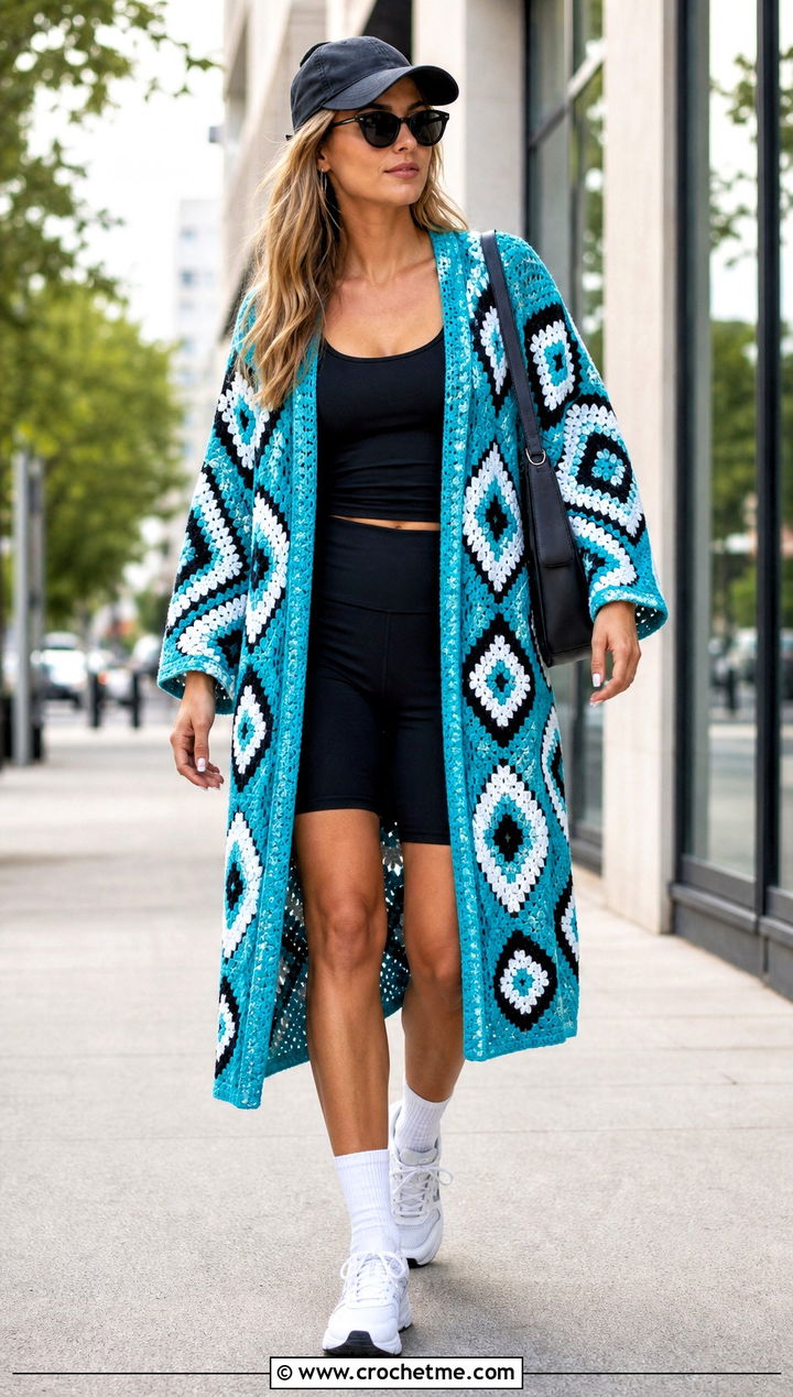 Geometric Granny Square Kimono With Bike Shorts - 30 granny square kimono outfit ideas