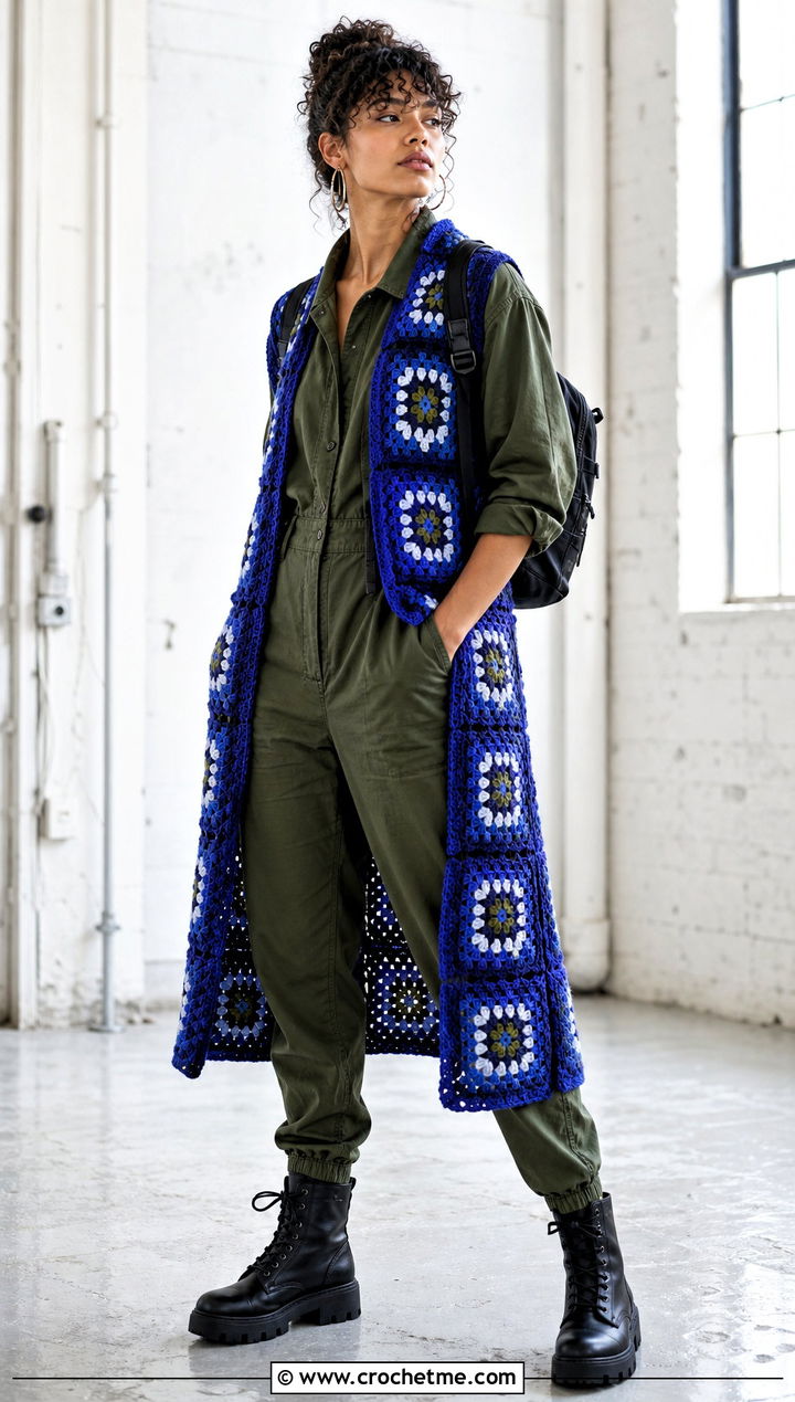 Geometric Granny Square Long Vest With Utility Jumpsuit And Boots - 20 Granny Square Long Vest outfit ideas