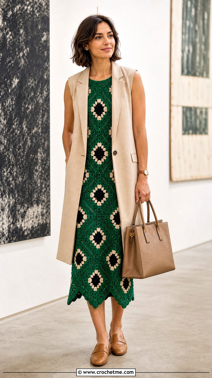 Geometric Granny Square Midi Dress With Tailored Vest And Loafers - 35 granny square dress outfit ideas