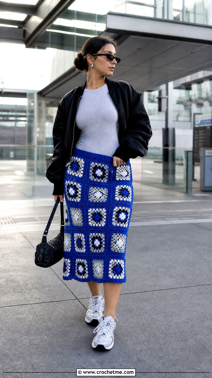 Geometric Granny Square Midi Skirt With Bomber Jacket - 35 crochet granny skirt outfit ideas