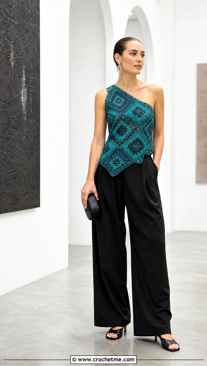Geometric Granny Square One Shoulder Top With Black Trousers - 30 crochet summer tops granny squares outfit ideas