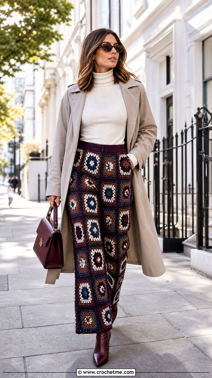 Geometric Granny Square Pants With Trench Coat - 35 granny square pants outfit ideas