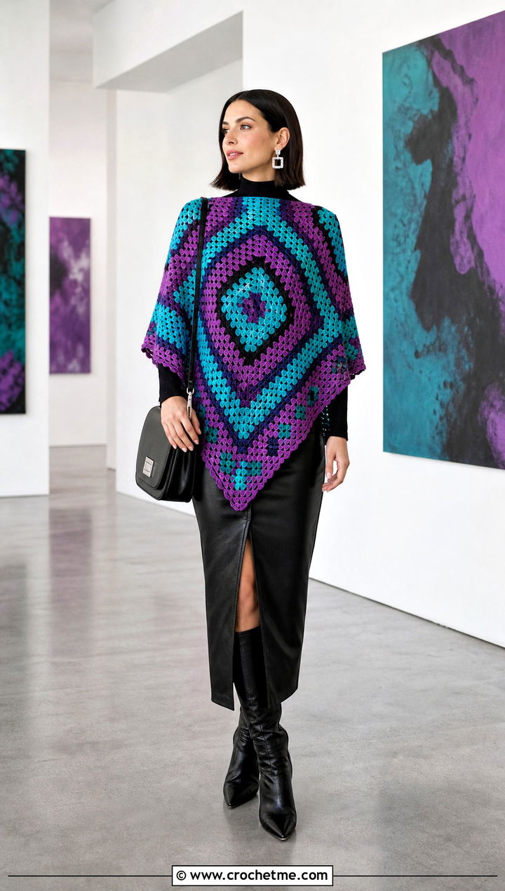 Geometric Granny Square Poncho With Leather Midi Skirt - 35 granny square poncho outfit ideas