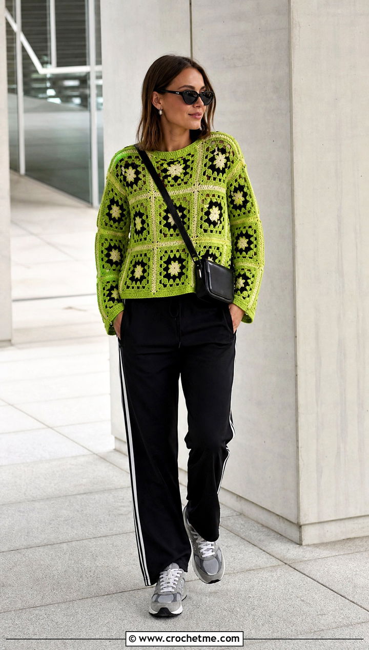 Geometric Granny Square Pullover Sweater With Track Pants - 35 Granny Square Pullover Sweater outfit ideas
