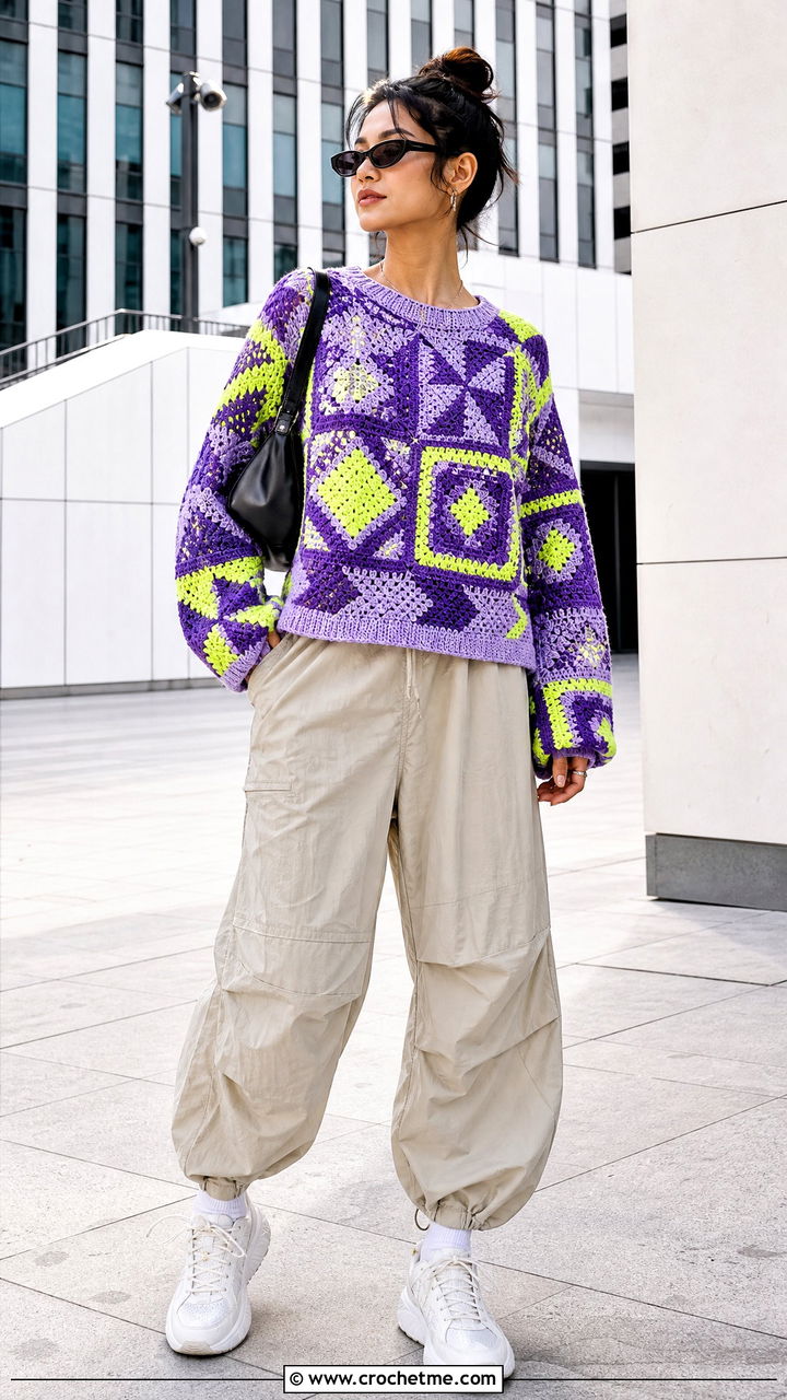 Geometric Granny Square Pullover With Parachute Pants - 35 crochet granny square pullover outfit ideas
