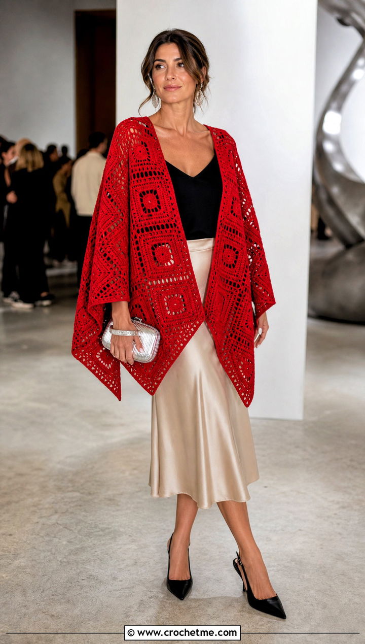 Geometric Granny Square Ruana With Satin Skirt - 25 Granny Square Ruana outfit ideas