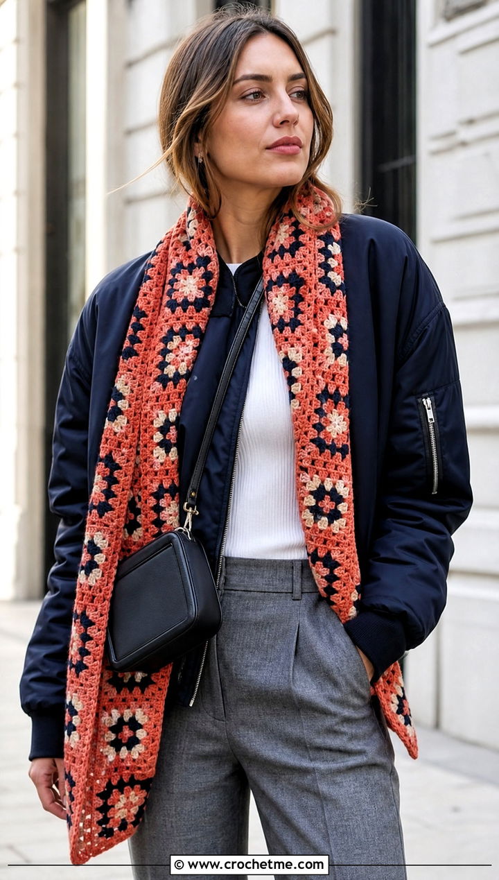 Geometric Granny Square Scarf With Bomber Jacket And Trousers - 30 crochet scarf squares outfit ideas
