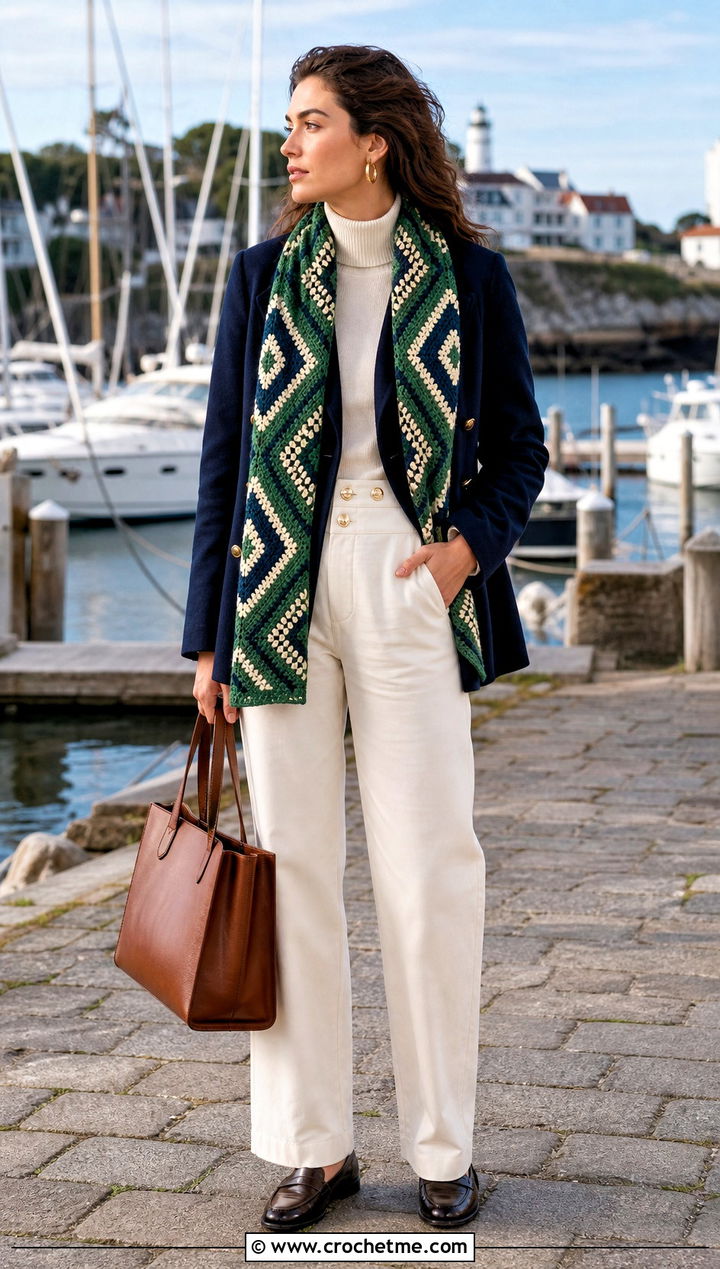 Geometric Granny Square Scarf With Peacoat And Sailor Pants - 35 granny square crochet scarf outfit ideas