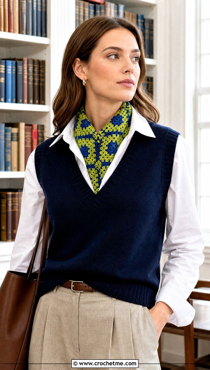 Geometric Granny Square Scarf With Sweater Vest And Trousers - 30 crochet granny square scarf outfit ideas