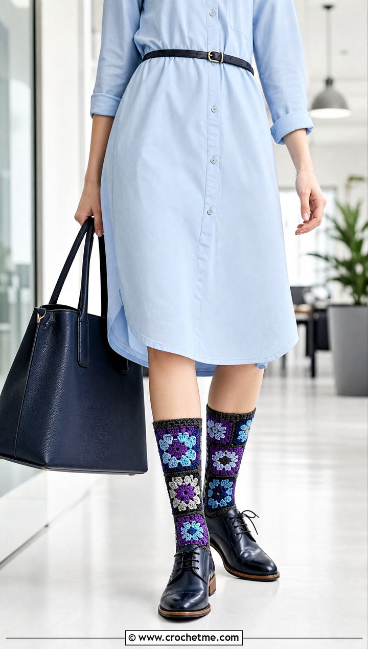 Geometric Granny Square Socks With A Shirt Dress And Oxfords - 35 crochet granny square socks outfit ideas