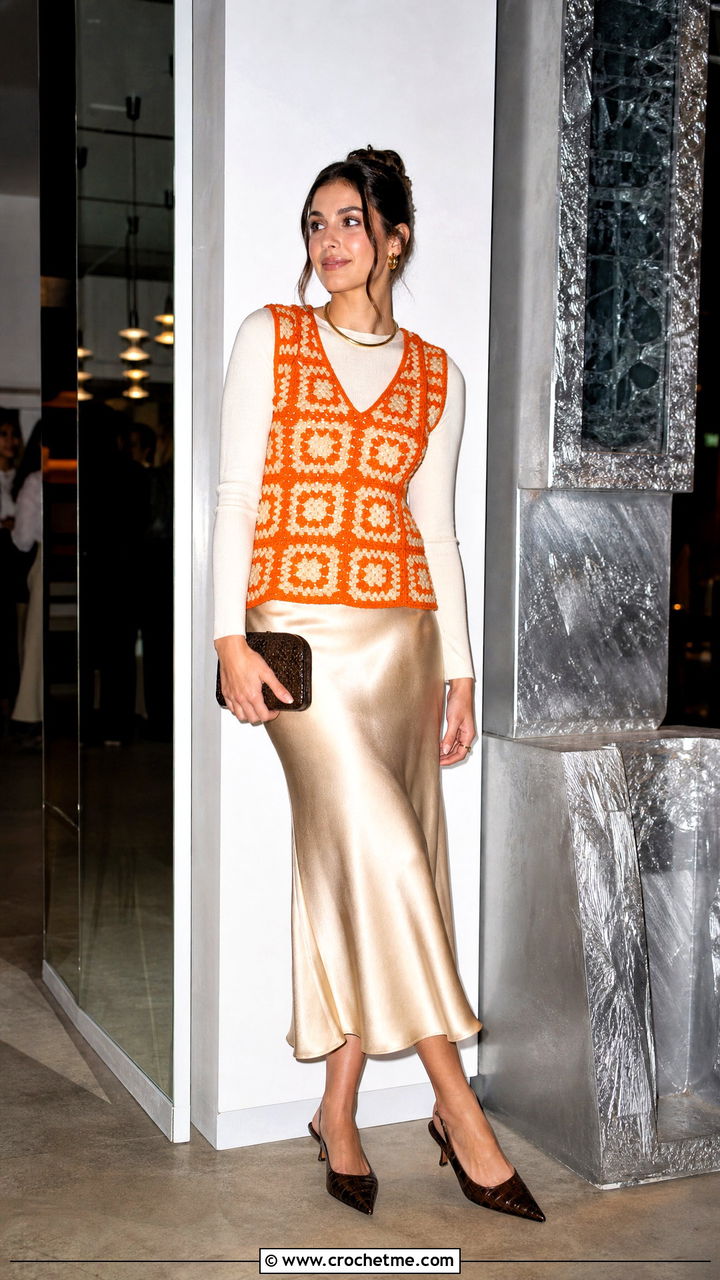 Geometric Granny Square Sweater Vest With Satin Midi Skirt - 35 granny square sweater vest outfit ideas
