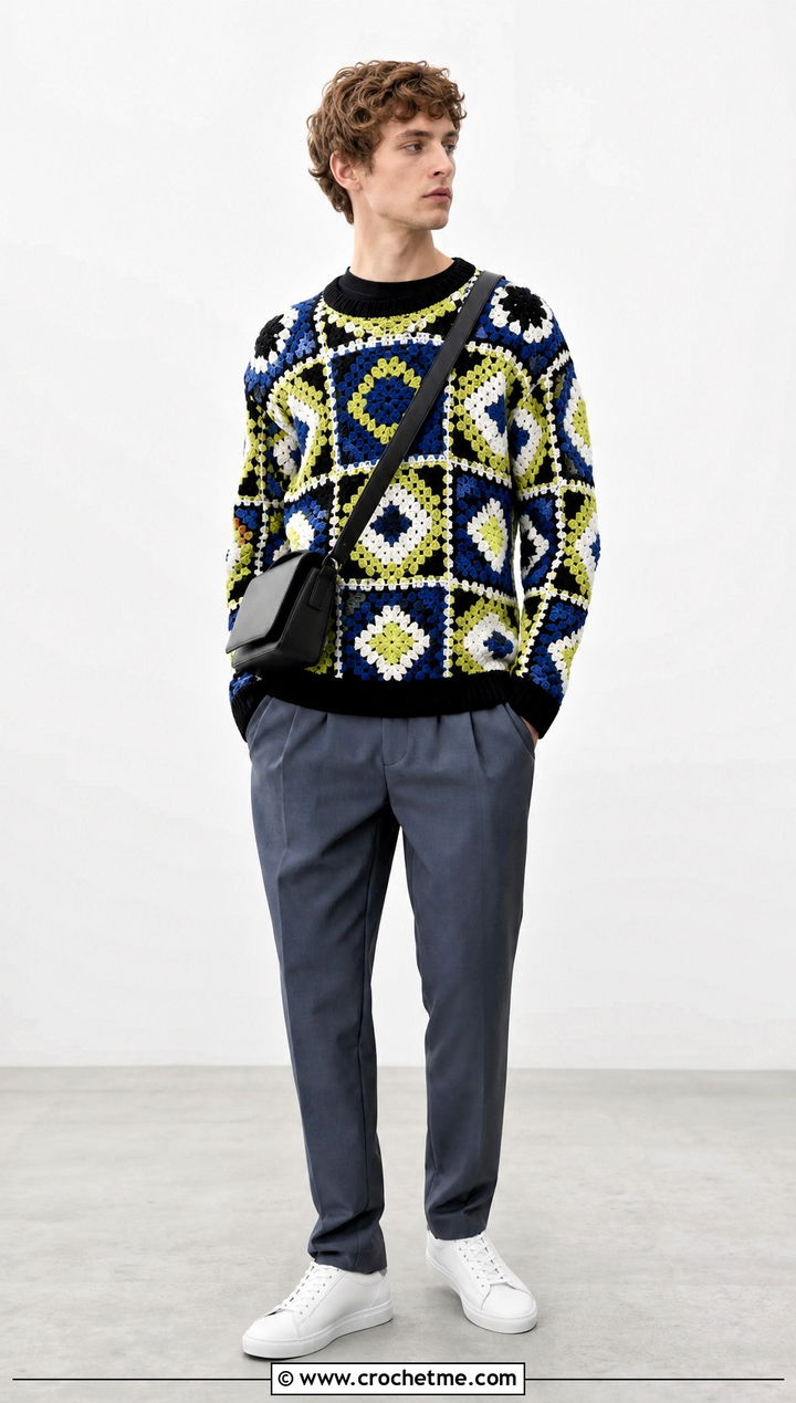 Geometric Granny Square Sweater With Minimalist Trousers - 25 Crochet Granny Square Sweater For Men outfit ideas