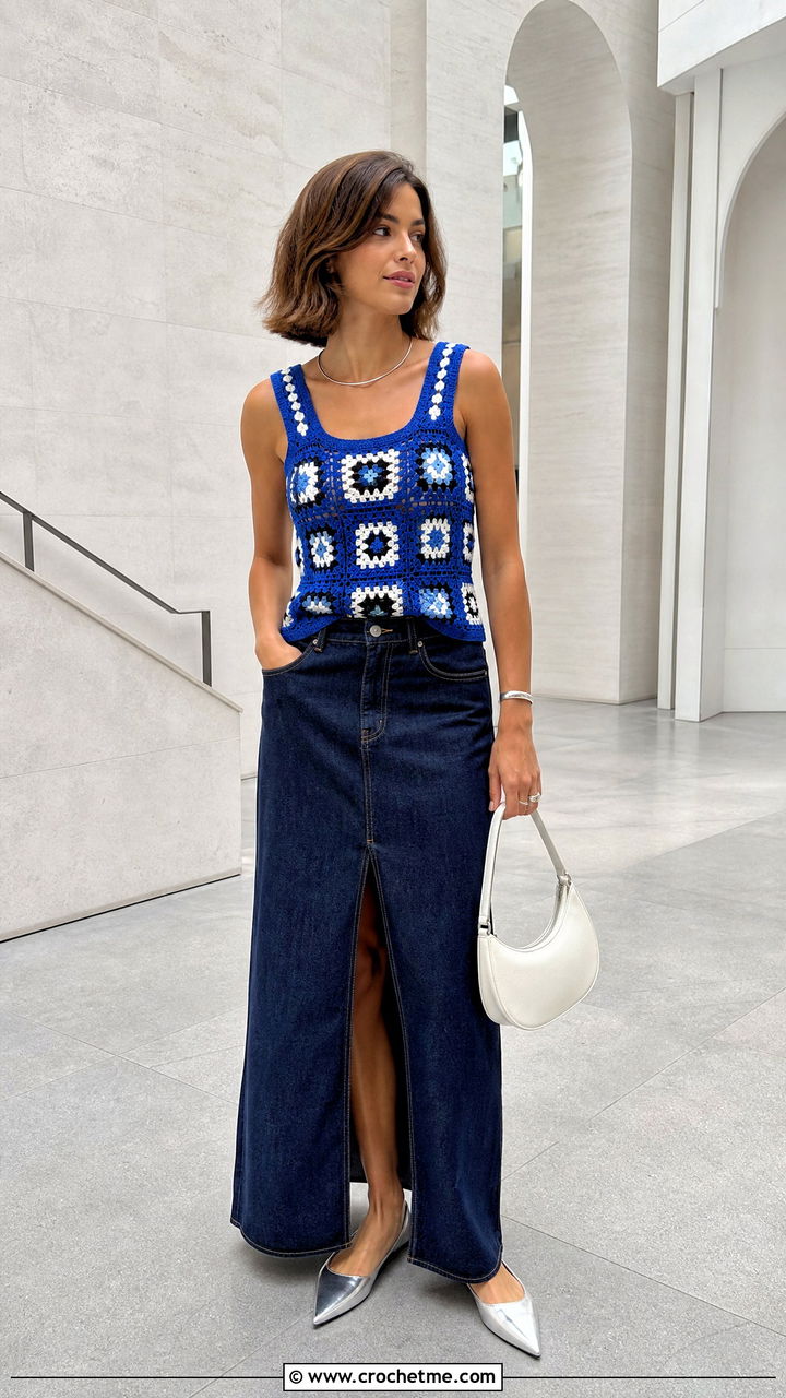 Geometric Granny Square Tank Top With Denim Maxi Skirt - 35 granny square tank top outfit ideas
