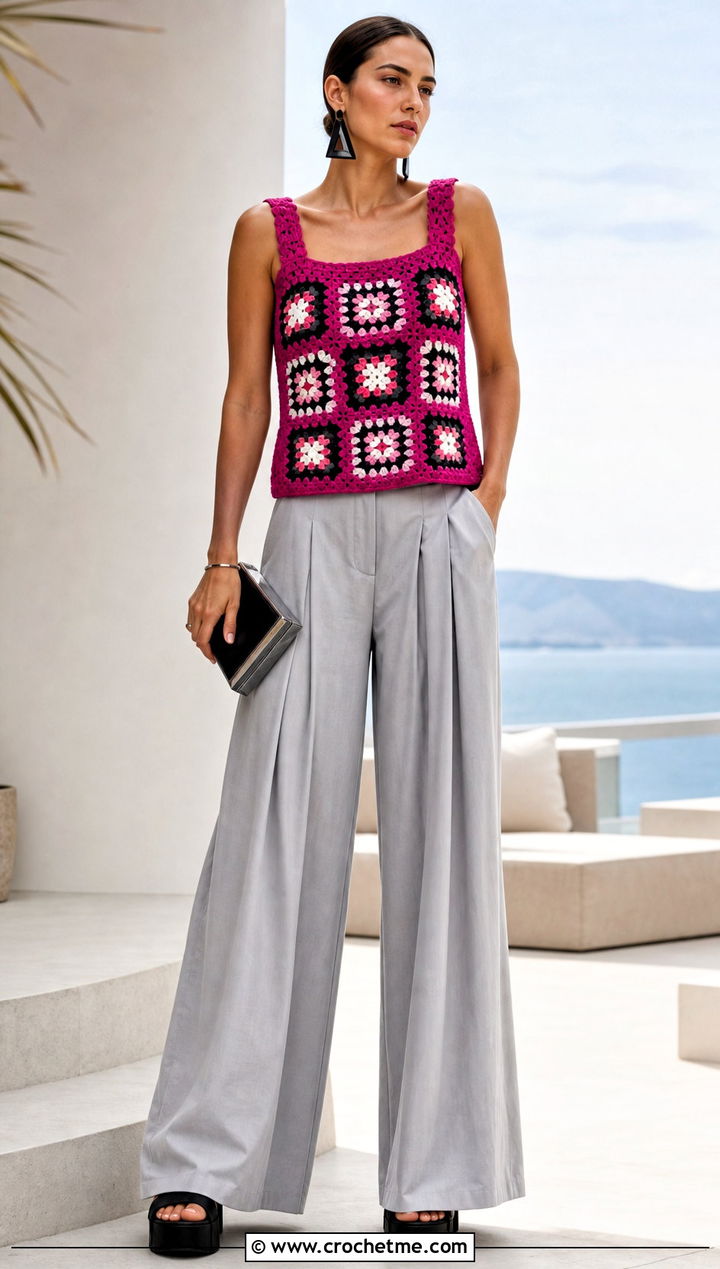 Geometric Granny Square Tank With Palazzo Pants - 35 granny square tank outfit ideas