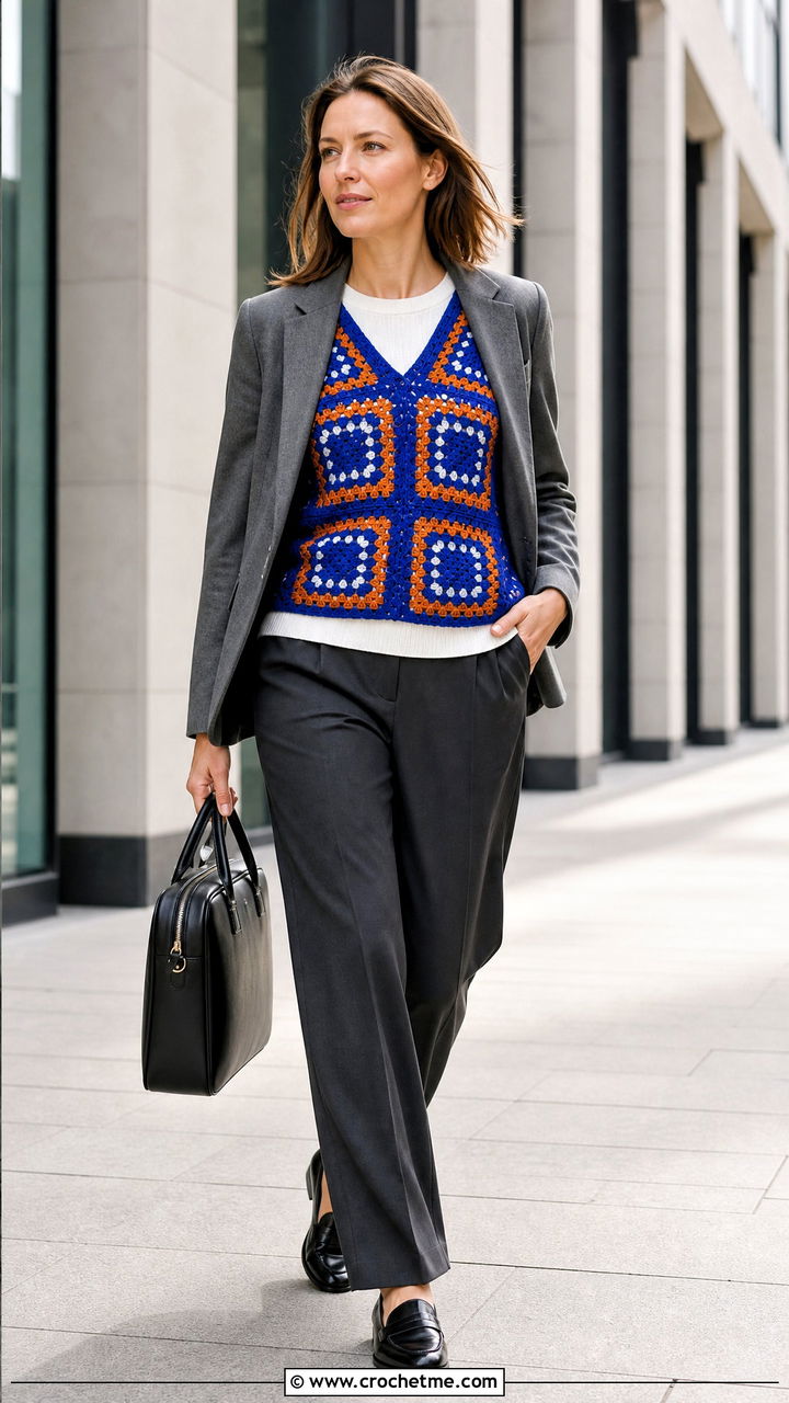 Geometric Granny Square Vest With Suit Trousers - 35 granny square vest outfit ideas