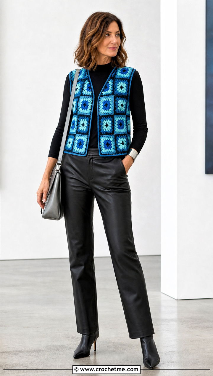 Geometric Granny Square Waistcoat With Leather Pants - 25 crochet granny square waistcoat outfit ideas