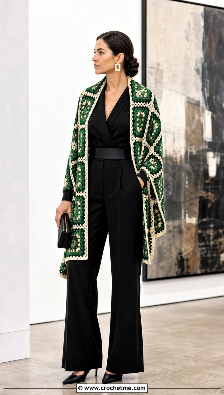 Geometric Granny Square Wrap With Tailored Jumpsuit - 30 granny square wrap outfit ideas