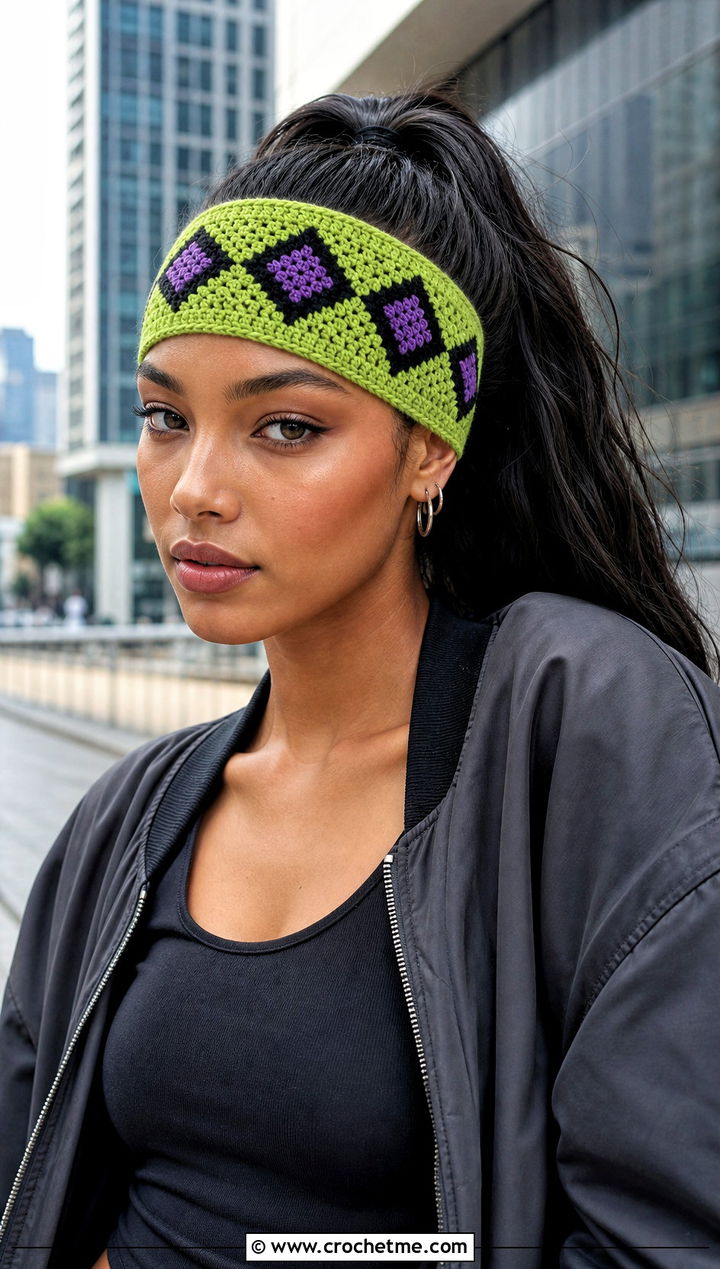 Geometric Green Crochet Headband With Bomber Jacket And Parachute Pants - 30 green crochet headband outfit ideas