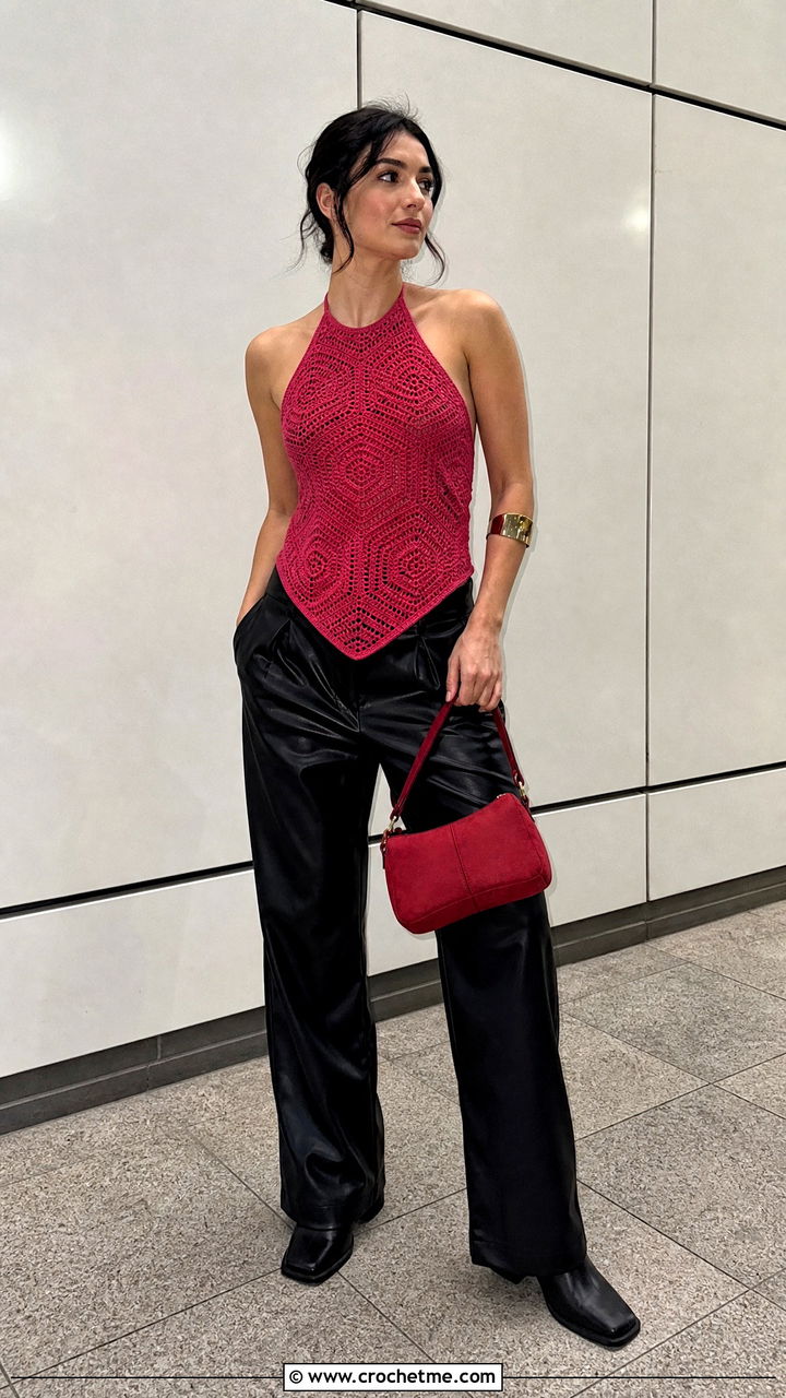 Geometric Halter Neck Crochet Top With Leather Pants - 35 halter neck crochet top outfit ideas