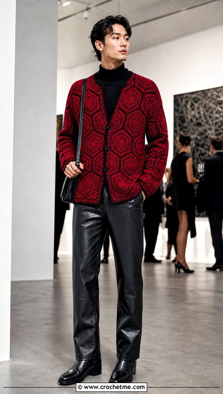 Geometric Hexagon Crochet Cardigan With Leather Pants - 35 men hexagon crochet cardigan outfit ideas