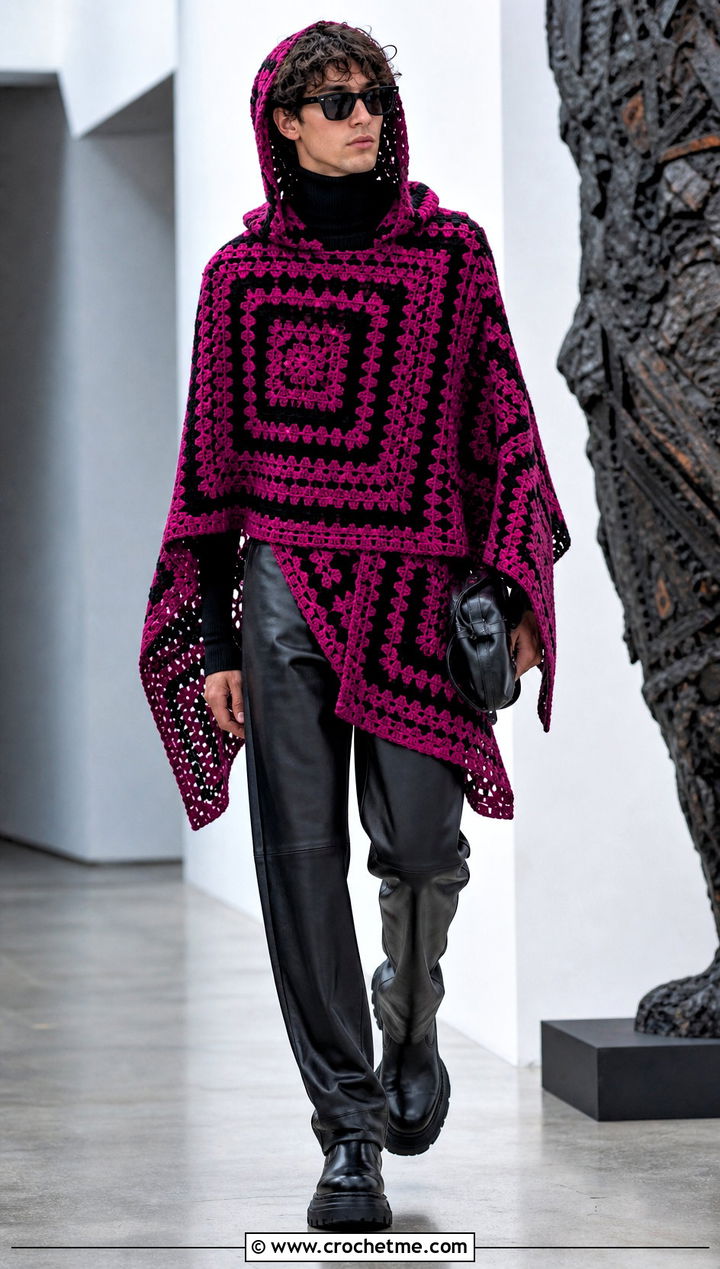 Geometric Hooded Crochet Poncho With Leather Pants - 15 mens hooded crochet poncho outfit ideas