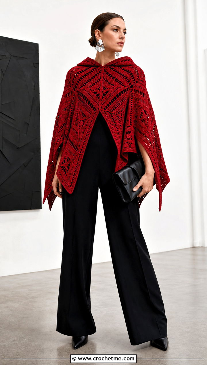 Geometric Hooded Poncho With Black Jumpsuit - 35 Crochet Hooded Poncho outfit ideas