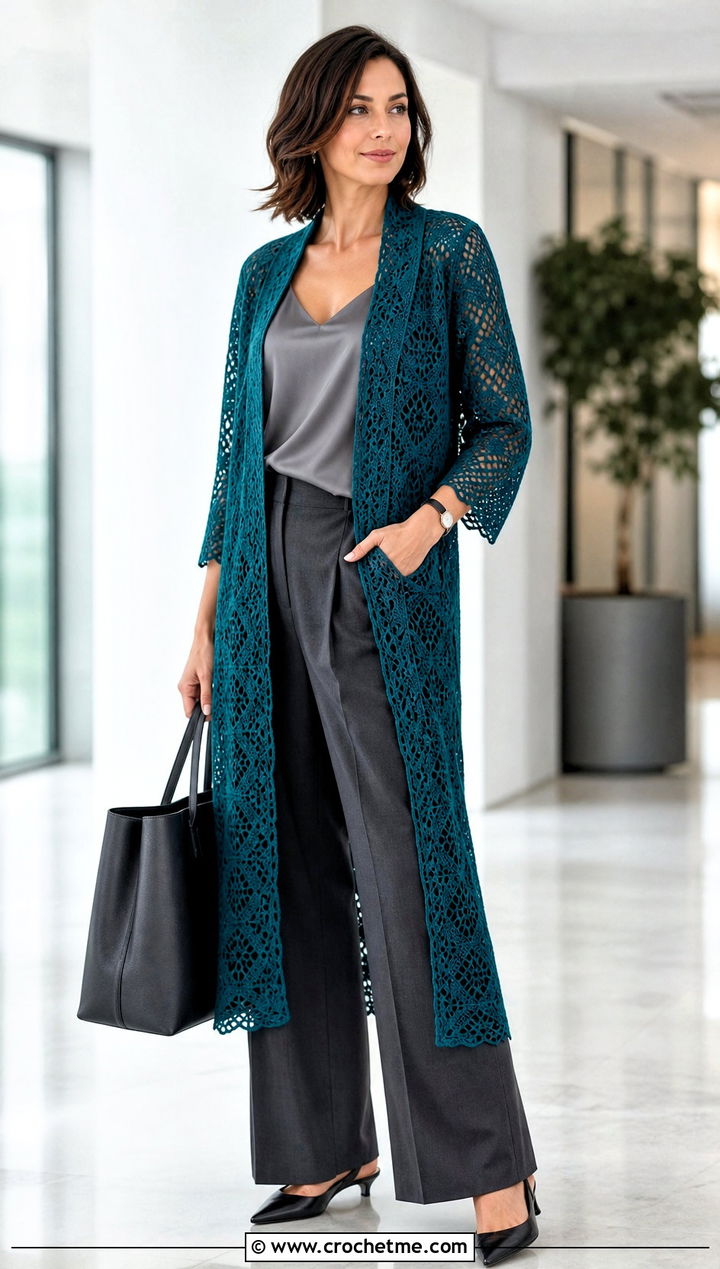 Geometric Lace Crochet Duster With Tailored Trousers - 25 crochet duster outfit ideas