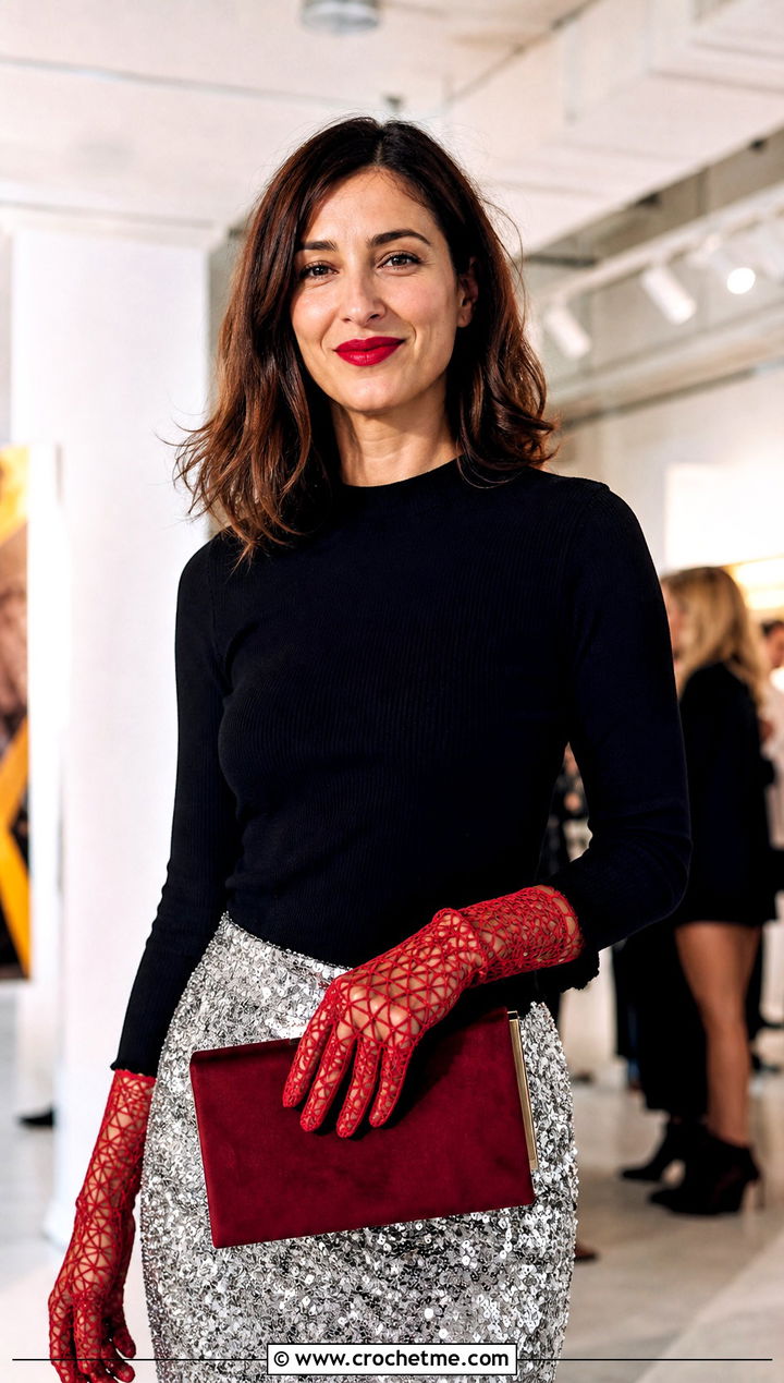Geometric Lace Crochet Gloves With Sequin Skirt - 25 lace crochet gloves outfit ideas