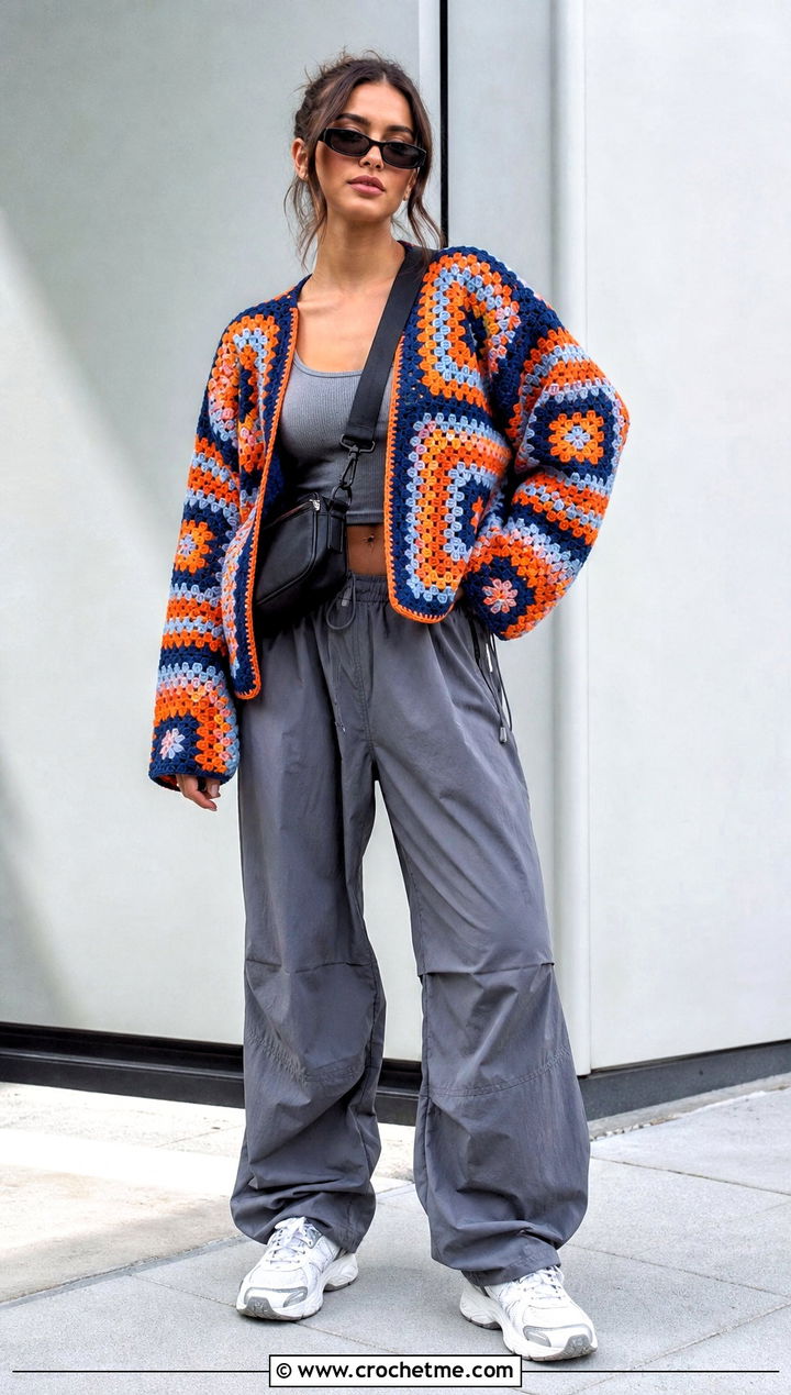 Geometric Large Granny Square Sweater With Parachute Pants - 35 large granny square sweater outfit ideas