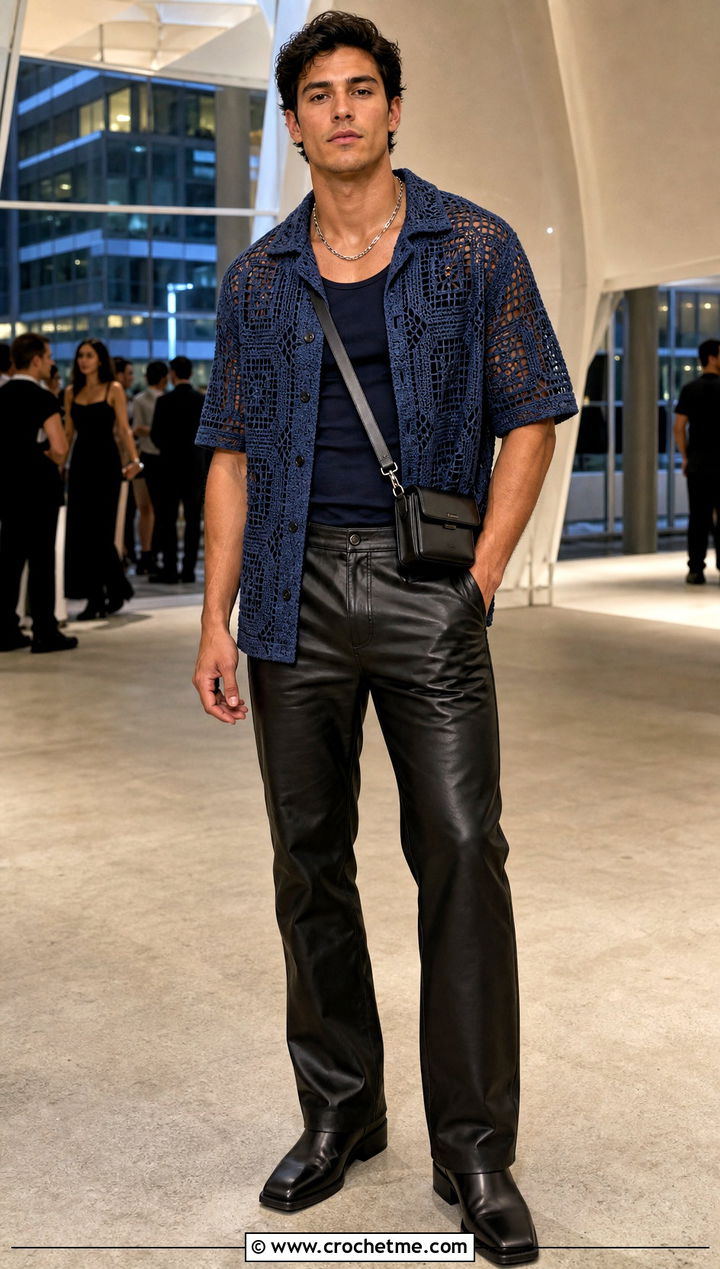 Geometric Mesh Collared Shirt With Leather Pants - 15 Mens Crochet Collared Shirt outfit ideas