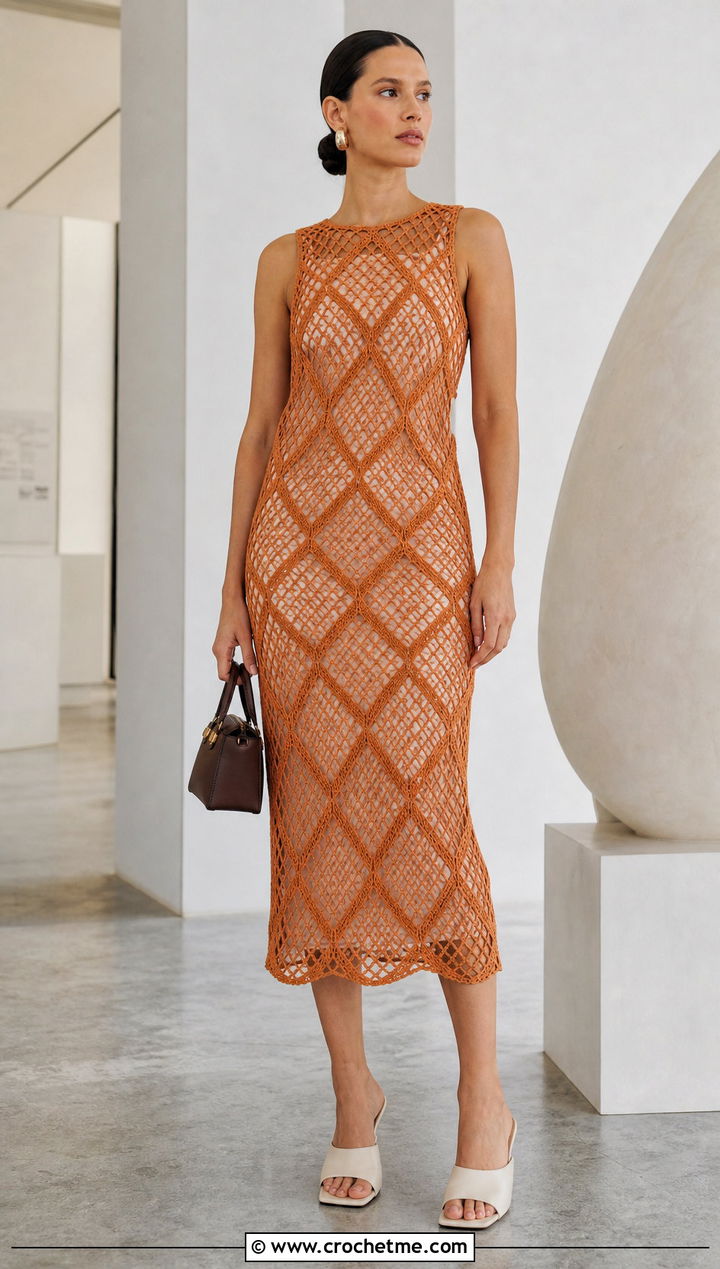 Geometric Mesh Crochet Midi Dress With Minimalist Mules - 30 mesh crochet dress outfit ideas