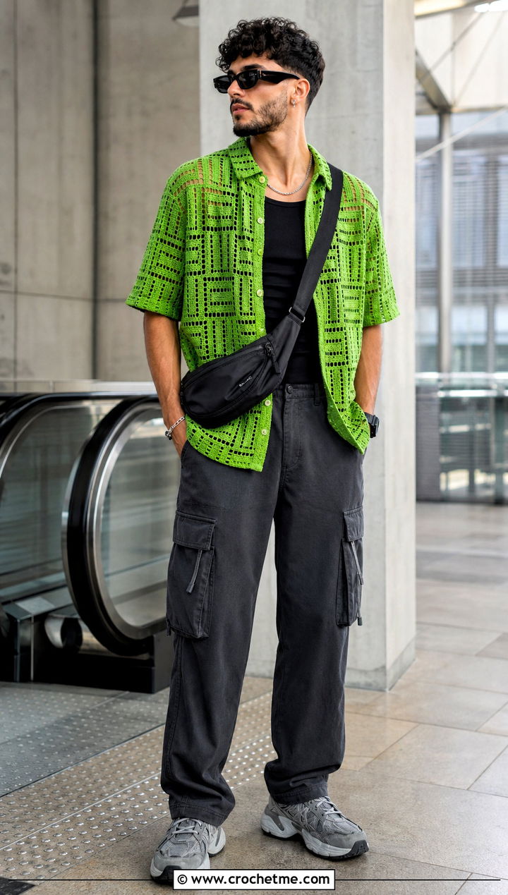 Geometric Mesh Crochet Shirt With Cargo Pants - 35 crochet man shirt outfit ideas