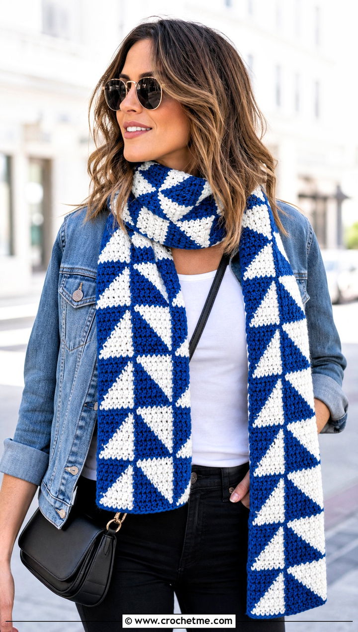 Geometric Mosaic Crochet Scarf With Denim Jacket - 25 Mosaic Crochet Scarf outfit ideas