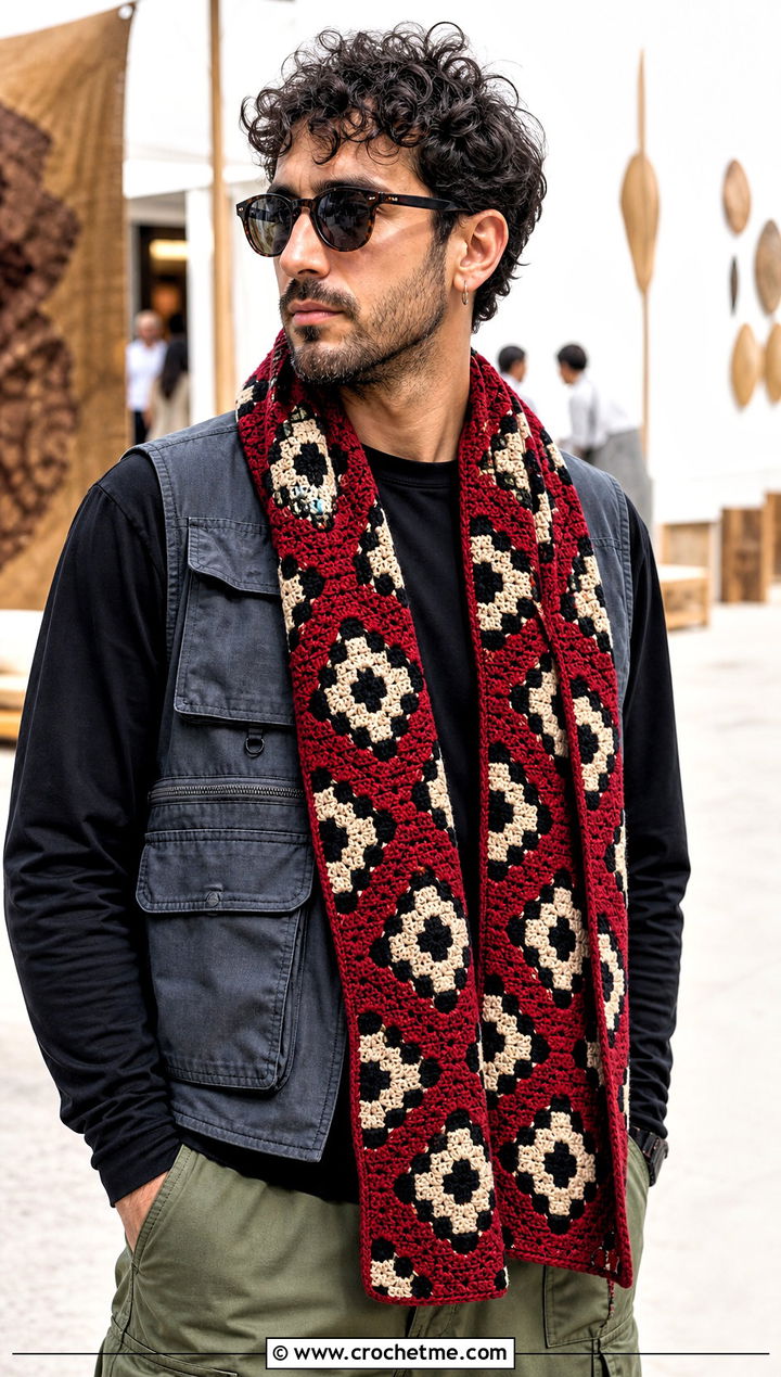 Geometric Mosaic Crochet Scarf With Utility Vest - 30 Mens Crochet Scarf outfit ideas